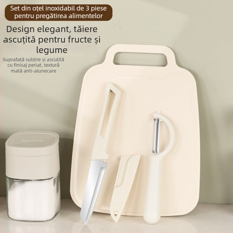 Set de trei piese cu cuțite de bucătărie și tocător, tocător 2-în-1 și cuțit pentru fructe