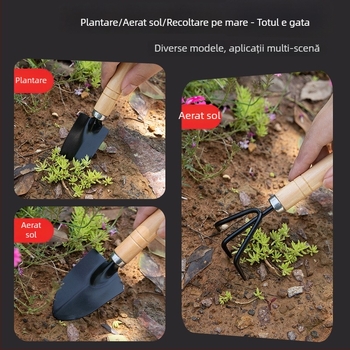 Set de 3 unelte de grădinărit pentru uz casnic: lopăţică mică, lopată din oțel și daltă din oțel pentru ghivece, plante verzi și suculente (oțel mangan)