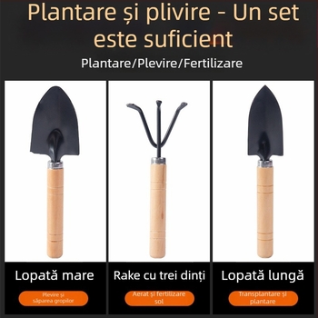 Set de 3 unelte de grădinărit pentru uz casnic: lopăţică mică, lopată din oțel și daltă din oțel pentru ghivece, plante verzi și suculente (oțel mangan)
