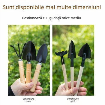 Set de 3 unelte de grădinărit pentru uz casnic: lopăţică mică, lopată din oțel și daltă din oțel pentru ghivece, plante verzi și suculente (oțel mangan)