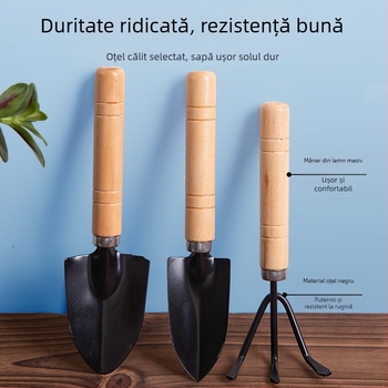 Set de 3 unelte de grădinărit pentru uz casnic: lopăţică mică, lopată din oțel și daltă din oțel pentru ghivece, plante verzi și suculente (oțel mangan)
