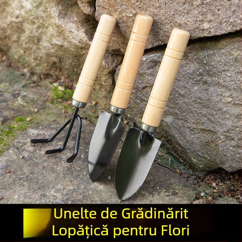 Set de 3 unelte de grădinărit pentru uz casnic: lopăţică mică, lopată din oțel și daltă din oțel pentru ghivece, plante verzi și suculente (oțel mangan)