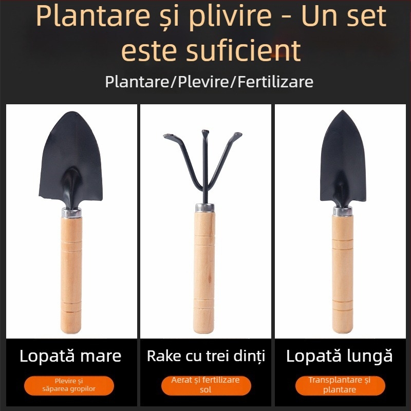 Set de 3 unelte de grădinărit pentru uz casnic: lopăţică mică, lopată din oțel și daltă din oțel pentru ghivece, plante verzi și suculente (oțel mangan)