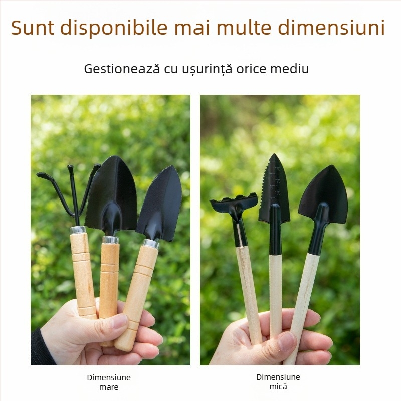 Set de 3 unelte de grădinărit pentru uz casnic: lopăţică mică, lopată din oțel și daltă din oțel pentru ghivece, plante verzi și suculente (oțel mangan)