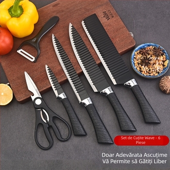 Set de cuțite pentru bucătărie cu lamă neagră și model valuri, 6 piese, din oțel inoxidabil, cutie cadou