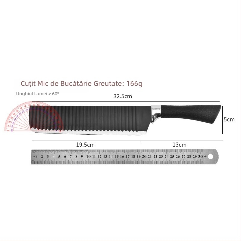 Set de cuțite pentru bucătărie cu lamă neagră și model valuri, 6 piese, din oțel inoxidabil, cutie cadou