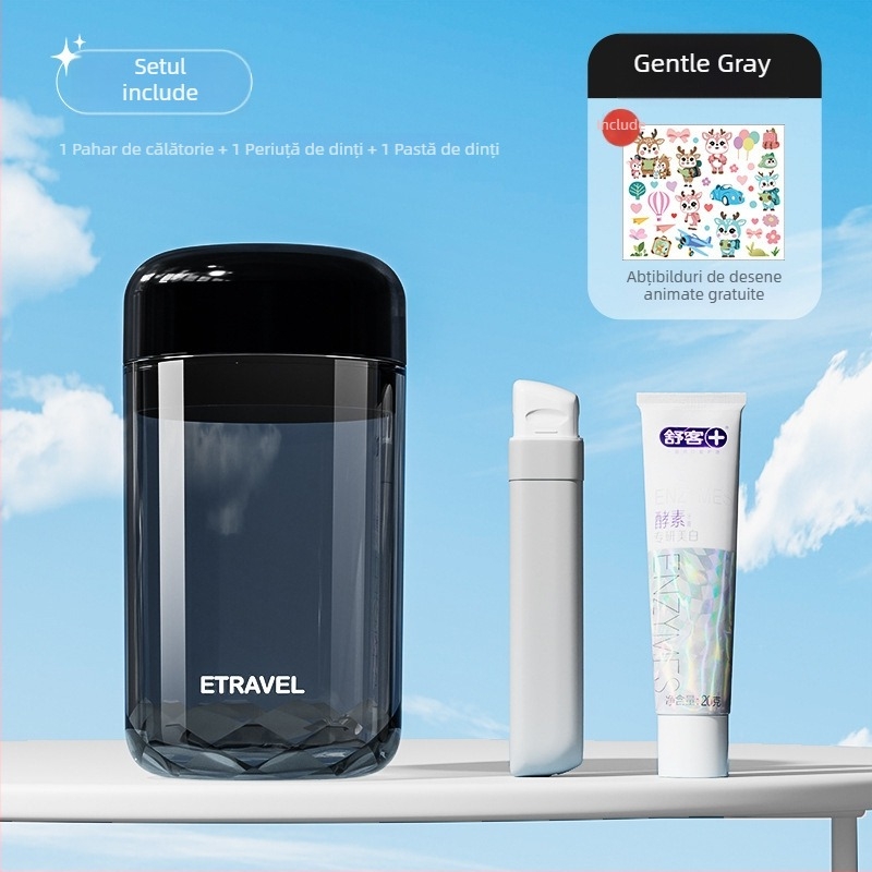 Set de igienă orală de călătorie: recipient de depozitare, pahar pentru apă de gură, periuță de dinți și pastă de dinți, trei în unu, portabil