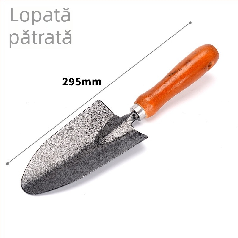 Set de trei piese pentru grădină: lopată rotundă, greblă și lopată mare cu mâner din lemn