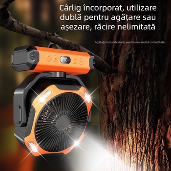 Ventilator de birou cu LED încorporat, baterie reîncărcabilă de 6000mAh, autonomie îndelungată, motor silențios, 6 palete — ideal pentru birou și camping