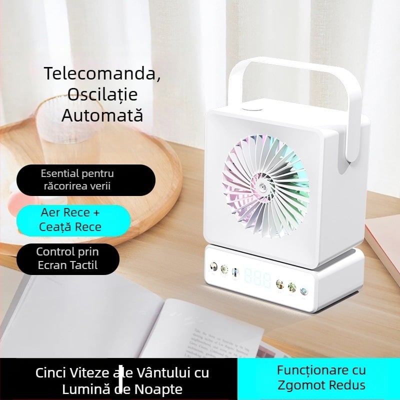 Ventilator de birou cu oscilație, vaporizator încorporat, reîncărcabil USB, autonomie lungă, pentru casă și birou