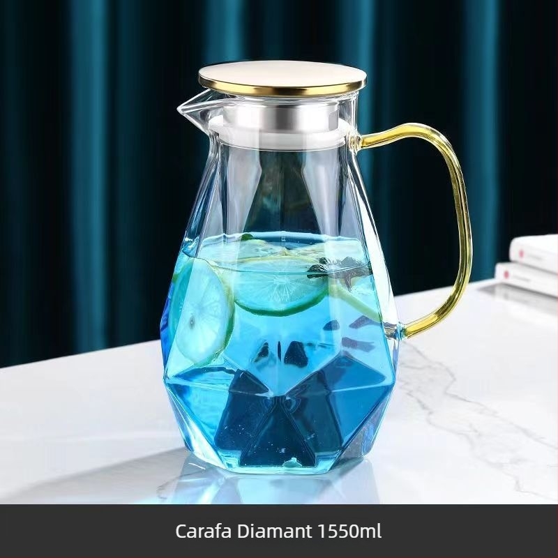 Set din sticlă rezistentă la temperaturi înalte, capacitate mare – sticlă pentru apă rece, ceainic din sticlă cu infuzor și pahare, design elegant, cu motiv de gheață