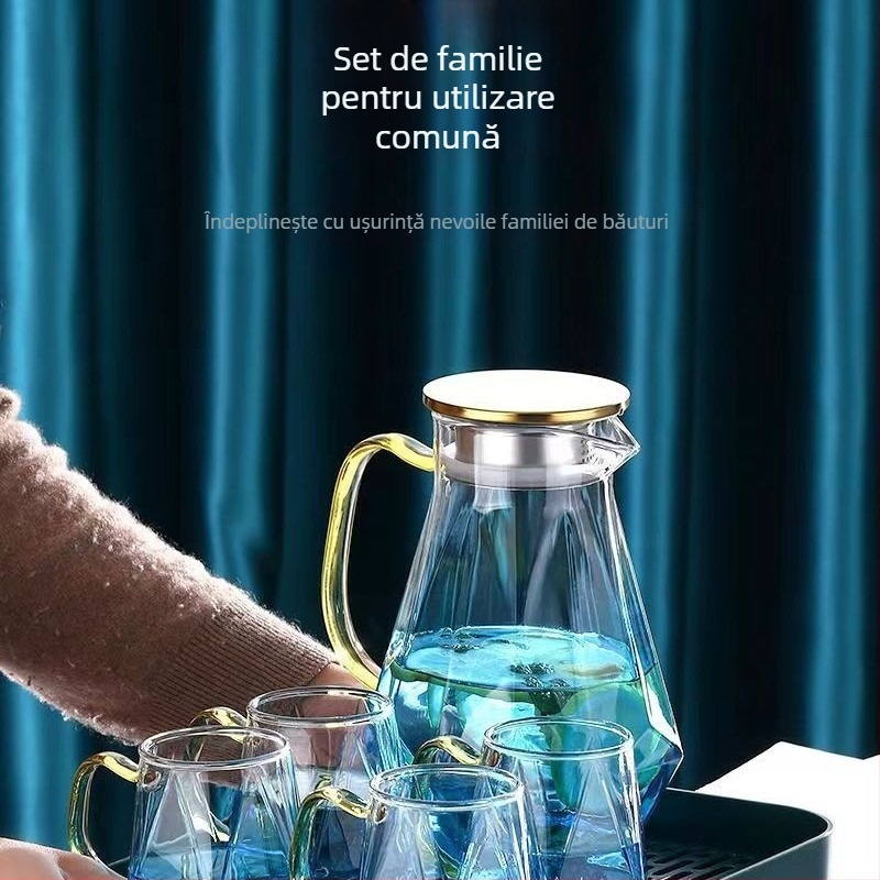 Set din sticlă rezistentă la temperaturi înalte, capacitate mare – sticlă pentru apă rece, ceainic din sticlă cu infuzor și pahare, design elegant, cu motiv de gheață