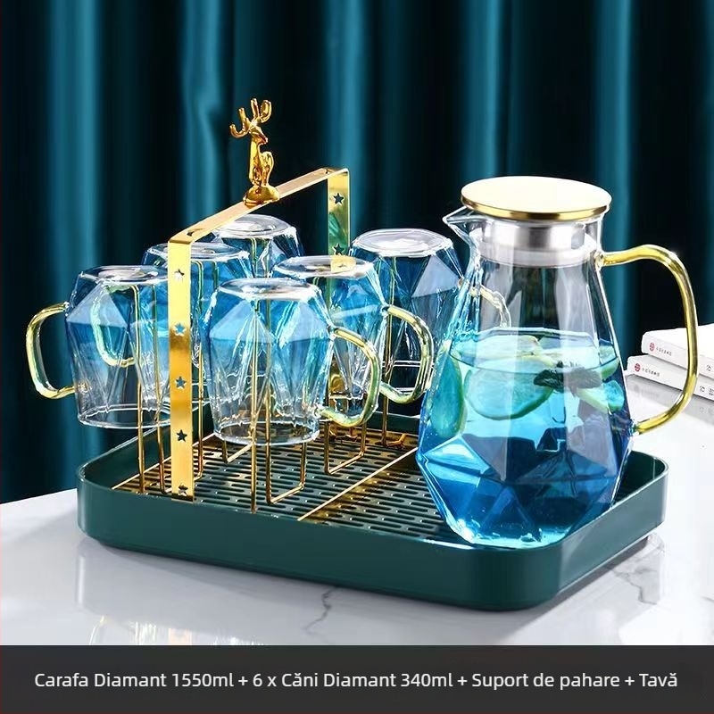 Set din sticlă rezistentă la temperaturi înalte, capacitate mare – sticlă pentru apă rece, ceainic din sticlă cu infuzor și pahare, design elegant, cu motiv de gheață