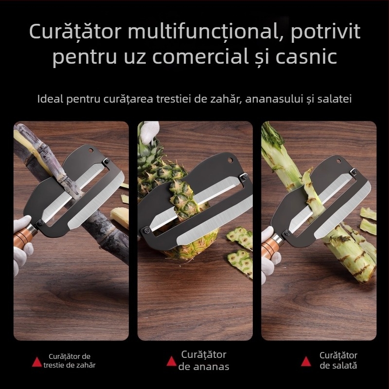 Cuțit multifuncțional pentru trestia de zahăr din oțel cu mangan, mâner din lemn solid, lamă dublă pentru decojit și tăiat