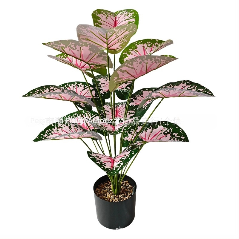 Plantă artificială de taro colorată în ghiveci, cu flori roz, decor pentru nuntă și locuință
