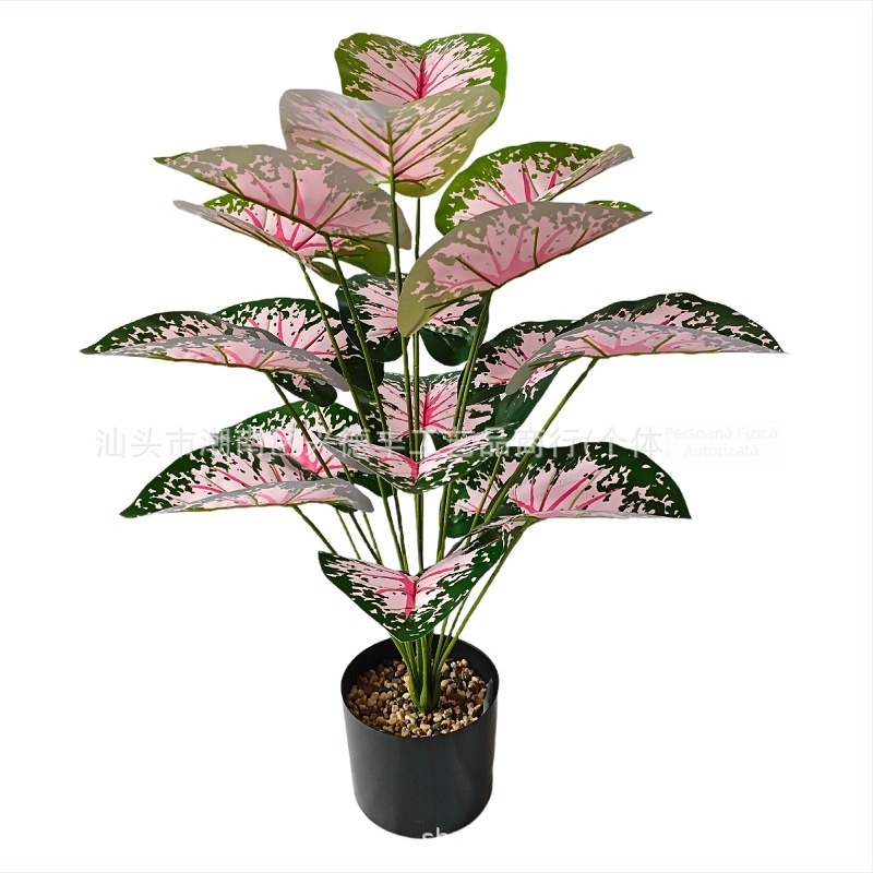 Plantă artificială de taro colorată în ghiveci, cu flori roz, decor pentru nuntă și locuință