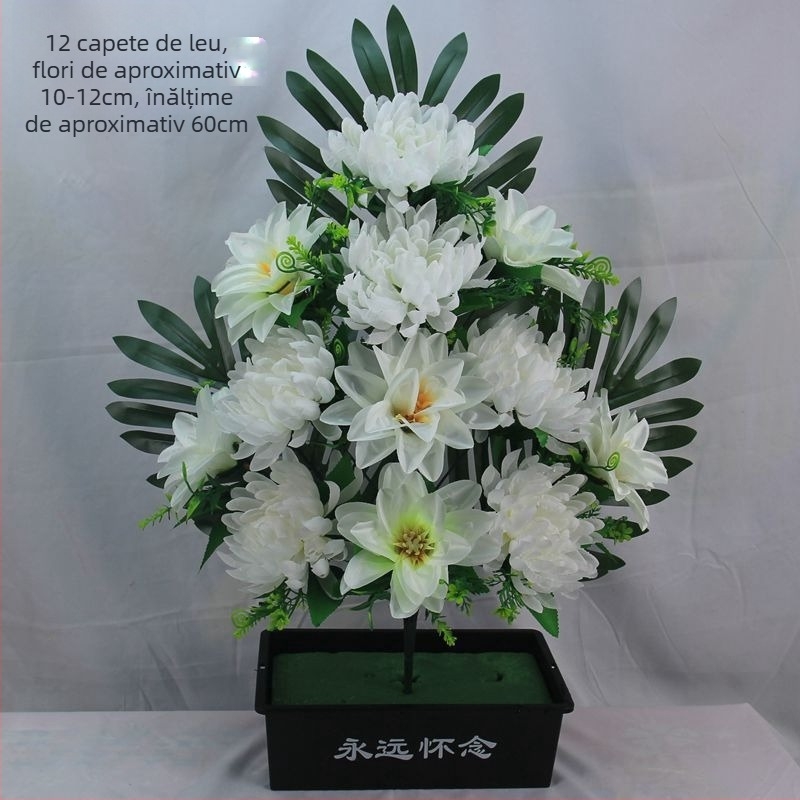 Bonsai din crizanteme de mătase, 12 capete, stil cap de leu, aranjament floral pentru exterior