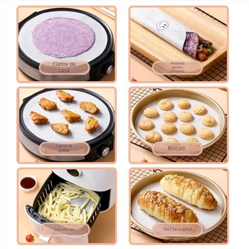 Hârtie de copt rezistentă la ulei pentru clătite făcute manual, de calitate alimentară, antiaderentă, pentru congelare, potrivită pentru cuptoare casnice și comerciale.