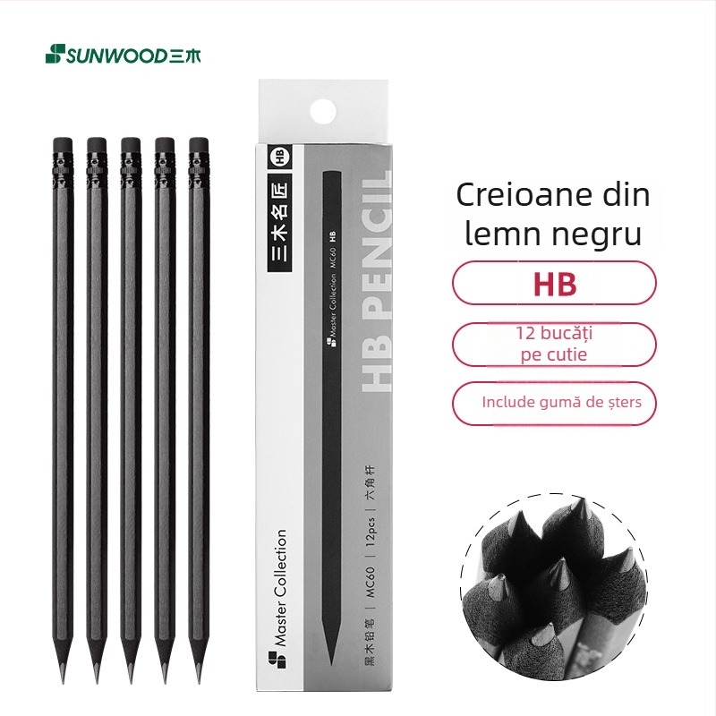 Creion hexagonal din lemn HB MC60 pentru elevi din ciclul primar - fără plumb, non-toxic, 2B
