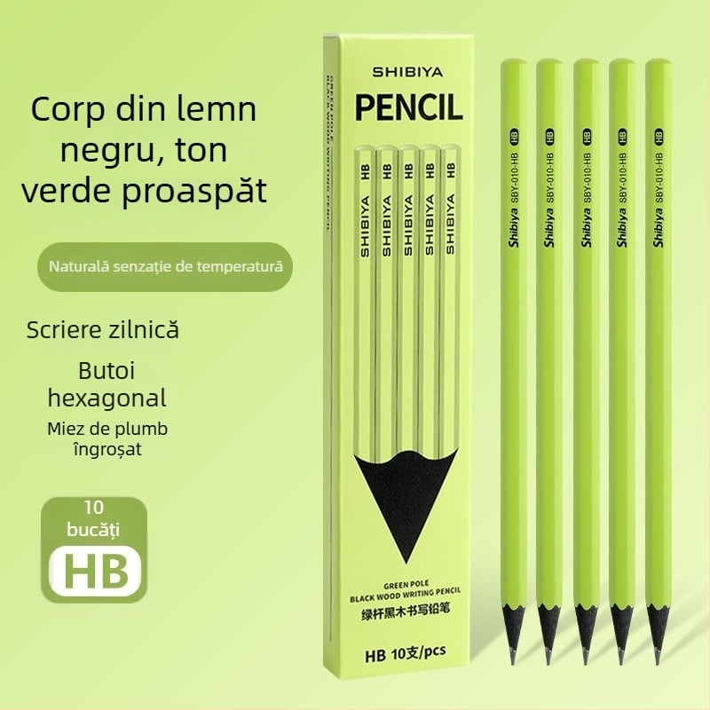 Creion HB din lemn, cu corp verde, hexagonal, pentru scriere și desen, destinat elevilor din învățământul primar (clasa a II-a)
