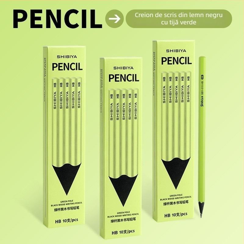 Creion HB din lemn, cu corp verde, hexagonal, pentru scriere și desen, destinat elevilor din învățământul primar (clasa a II-a)