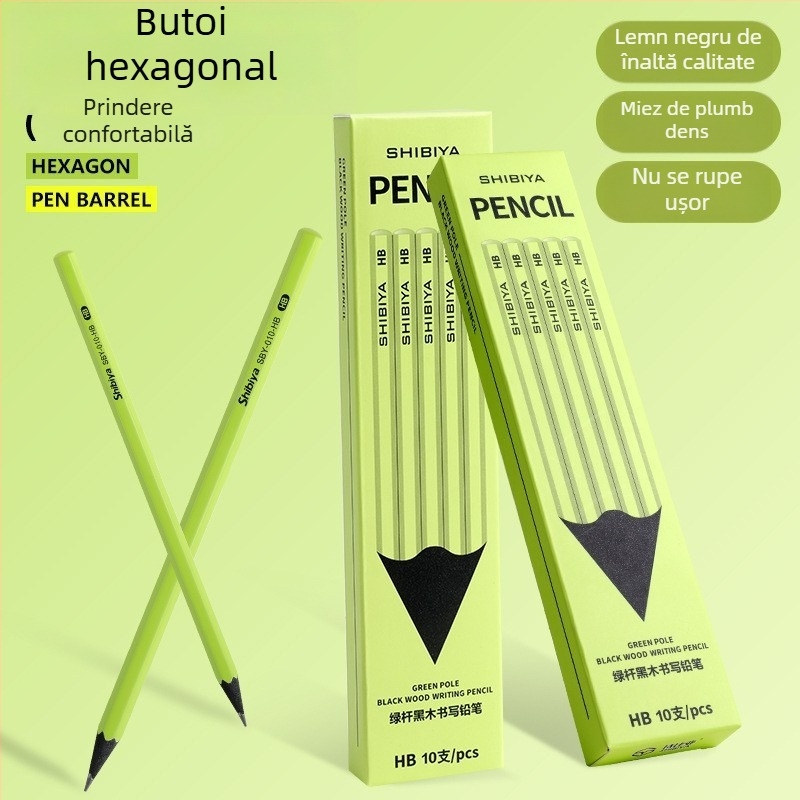 Creion HB din lemn, cu corp verde, hexagonal, pentru scriere și desen, destinat elevilor din învățământul primar (clasa a II-a)