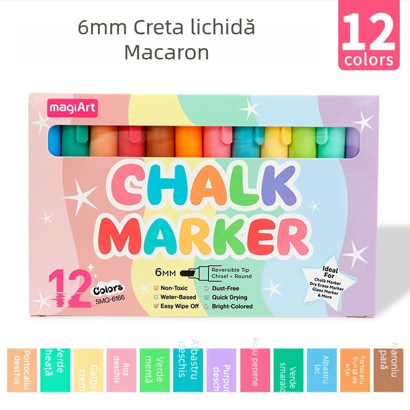 Marker lichid Macaron de 6 mm pentru afișe și graffiti, marker lavabil pentru tablă, solubil în apă, fără praf, marker pentru geamuri auto
