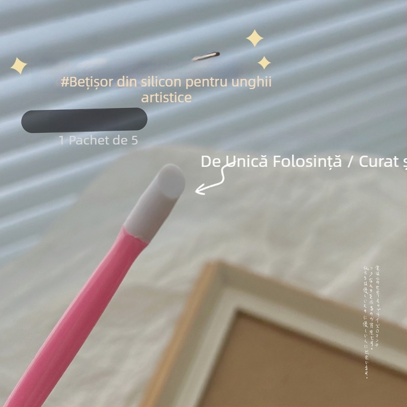 Set de 5 unelte pentru unghii din silicon: bețișor de presare, autocolante cu flori uscate (de unică folosință) și instrument pentru pudră