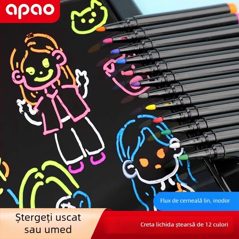 Marker de cretă lichidă, șters rapid, fără praf, solubil în apă, 12 culori, vârf rotund, pentru tablă albă și tablă neagră, compatibil cu panou LED