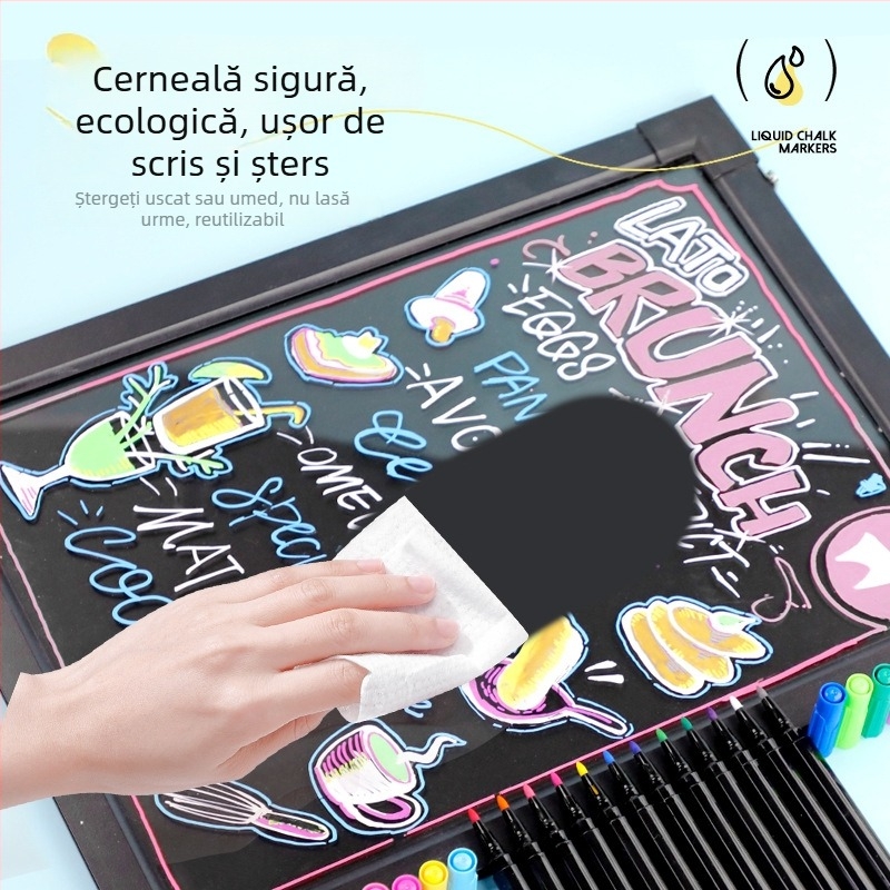 Marker de cretă lichidă, șters rapid, fără praf, solubil în apă, 12 culori, vârf rotund, pentru tablă albă și tablă neagră, compatibil cu panou LED