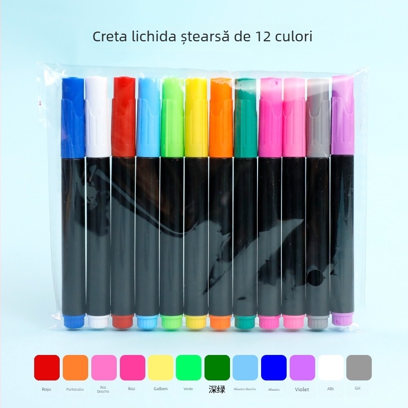 Marker de cretă lichidă, șters rapid, fără praf, solubil în apă, 12 culori, vârf rotund, pentru tablă albă și tablă neagră, compatibil cu panou LED