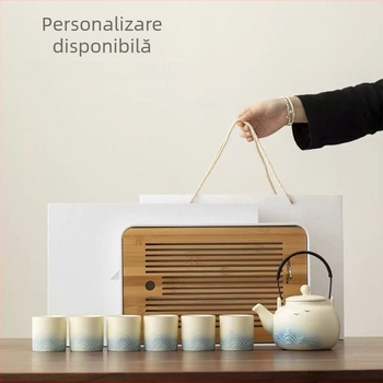 Set de ceai Kung Fu cu oală ceramică cu mâner și 6 cești, tavă de bambus, cutie cadou, stil național modern