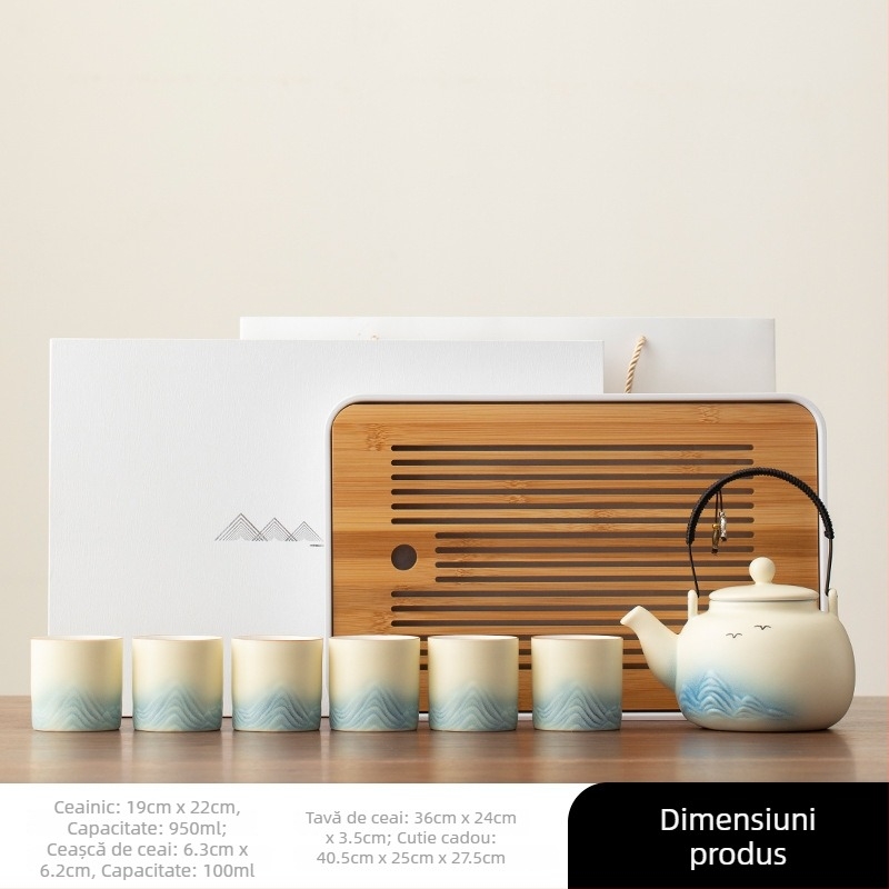 Set de ceai Kung Fu cu oală ceramică cu mâner și 6 cești, tavă de bambus, cutie cadou, stil național modern