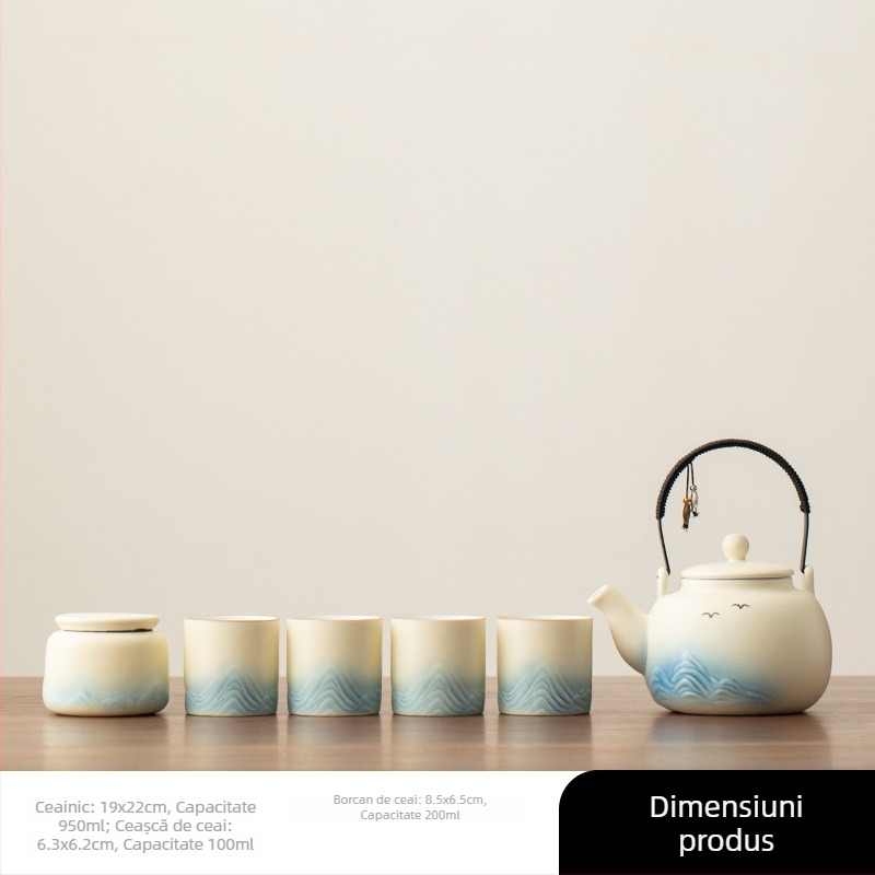 Set de ceai Kung Fu cu oală ceramică cu mâner și 6 cești, tavă de bambus, cutie cadou, stil național modern