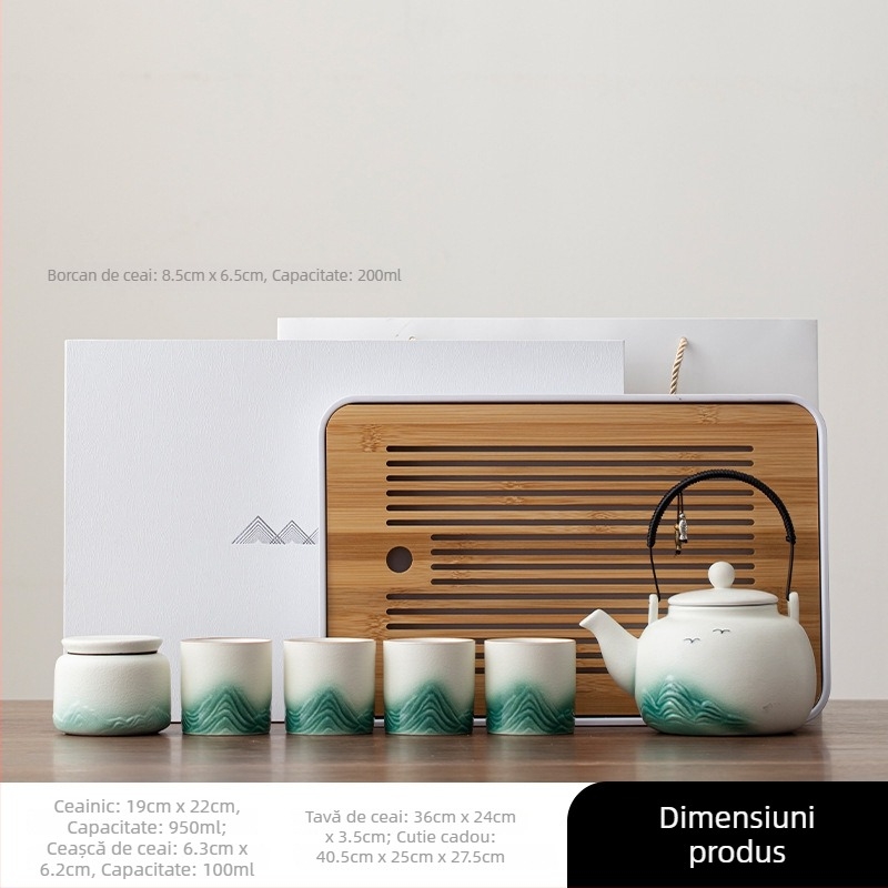 Set de ceai Kung Fu cu oală ceramică cu mâner și 6 cești, tavă de bambus, cutie cadou, stil național modern