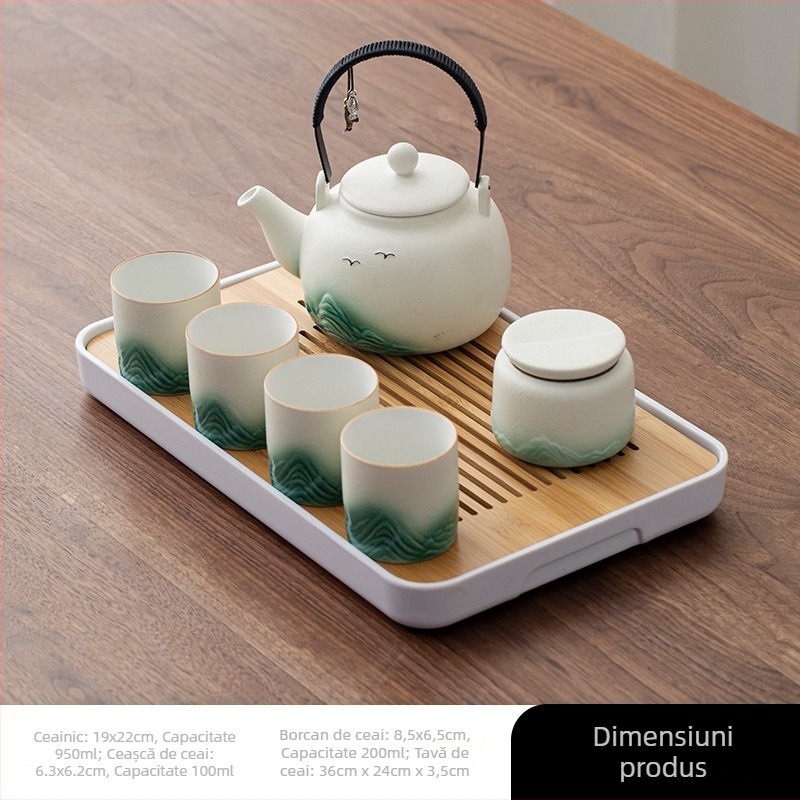 Set de ceai Kung Fu cu oală ceramică cu mâner și 6 cești, tavă de bambus, cutie cadou, stil național modern