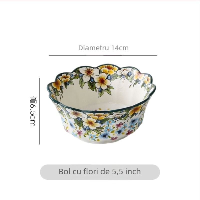 Set de veselă din porțelan Qimenghua, finisaj mat, boluri, farfurii și platouri, capacitate mare pentru orez, tăiței și supă, model cu plante și flori, stil pastoral, formă rotundă, compatibil cu microunde