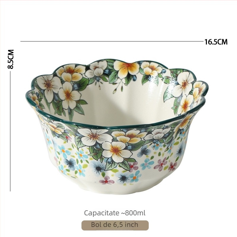 Set de veselă din porțelan Qimenghua, finisaj mat, boluri, farfurii și platouri, capacitate mare pentru orez, tăiței și supă, model cu plante și flori, stil pastoral, formă rotundă, compatibil cu microunde