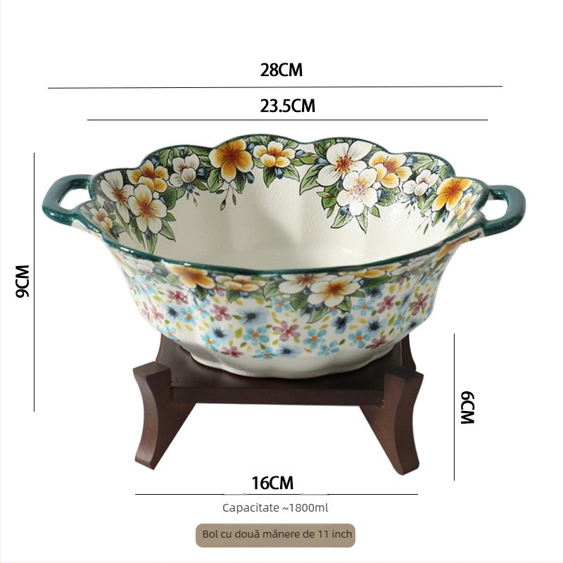 Set de veselă din porțelan Qimenghua, finisaj mat, boluri, farfurii și platouri, capacitate mare pentru orez, tăiței și supă, model cu plante și flori, stil pastoral, formă rotundă, compatibil cu microunde