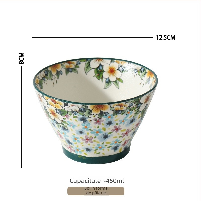 Set de veselă din porțelan Qimenghua, finisaj mat, boluri, farfurii și platouri, capacitate mare pentru orez, tăiței și supă, model cu plante și flori, stil pastoral, formă rotundă, compatibil cu microunde