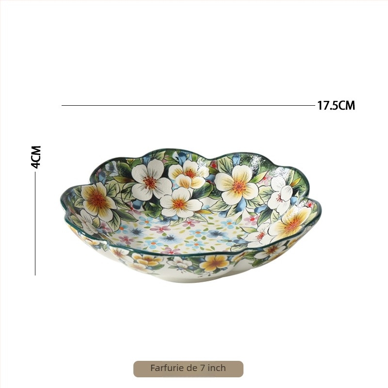Set de veselă din porțelan Qimenghua, finisaj mat, boluri, farfurii și platouri, capacitate mare pentru orez, tăiței și supă, model cu plante și flori, stil pastoral, formă rotundă, compatibil cu microunde