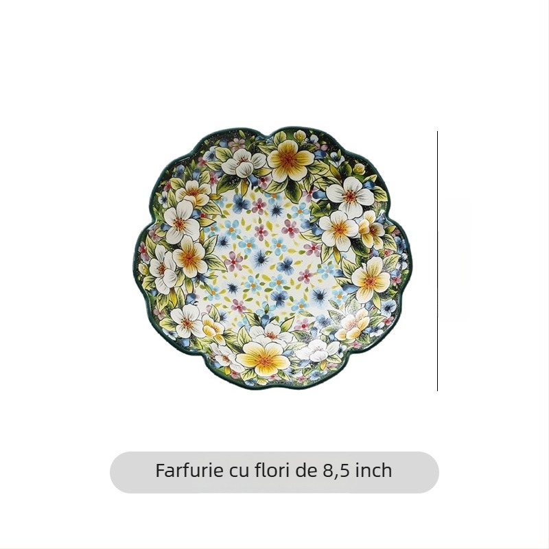 Set de veselă din porțelan Qimenghua, finisaj mat, boluri, farfurii și platouri, capacitate mare pentru orez, tăiței și supă, model cu plante și flori, stil pastoral, formă rotundă, compatibil cu microunde