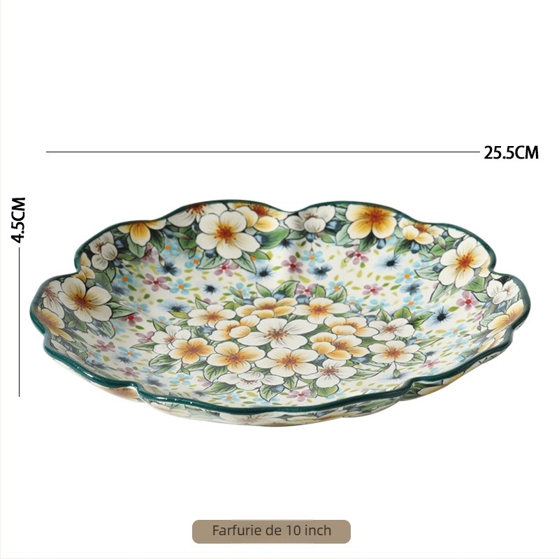Set de veselă din porțelan Qimenghua, finisaj mat, boluri, farfurii și platouri, capacitate mare pentru orez, tăiței și supă, model cu plante și flori, stil pastoral, formă rotundă, compatibil cu microunde