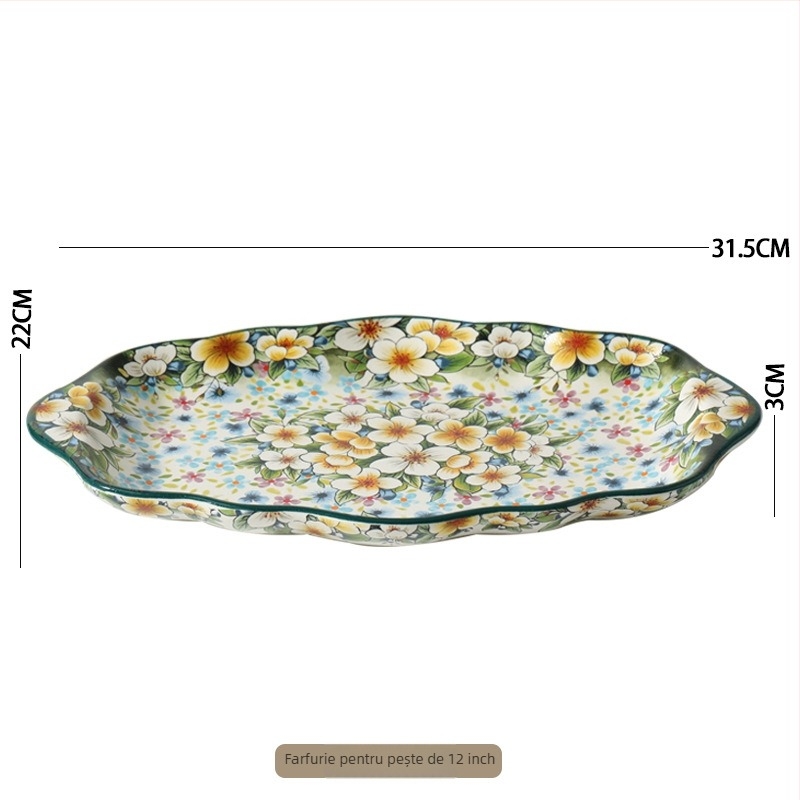 Set de veselă din porțelan Qimenghua, finisaj mat, boluri, farfurii și platouri, capacitate mare pentru orez, tăiței și supă, model cu plante și flori, stil pastoral, formă rotundă, compatibil cu microunde