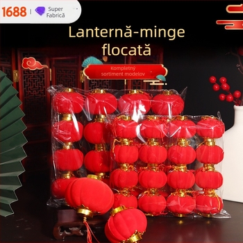 Ornamente cu felinare mici catifelate pentru decorarea bonsailor, felinare roșii cu bile catifelate pentru Anul Nou