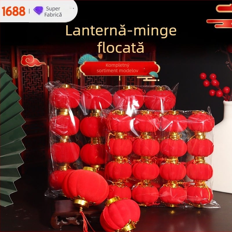 Ornamente cu felinare mici catifelate pentru decorarea bonsailor, felinare roșii cu bile catifelate pentru Anul Nou