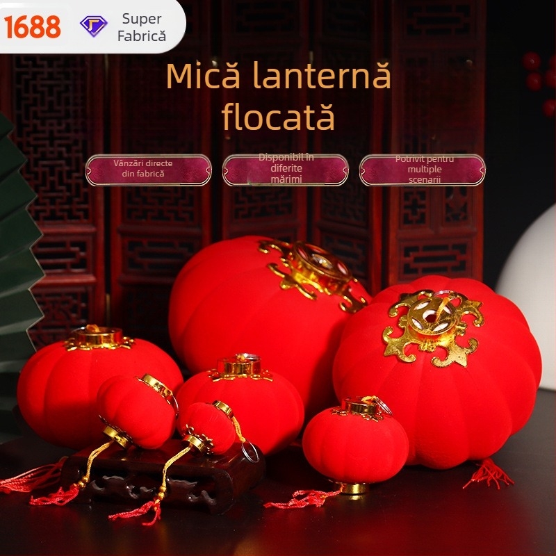 Ornamente cu felinare mici catifelate pentru decorarea bonsailor, felinare roșii cu bile catifelate pentru Anul Nou