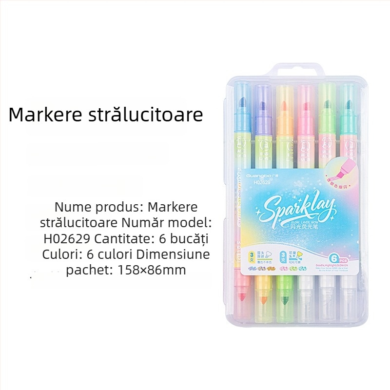 Broad set de highlight color cu 6 culori, capete duble, ștergibil, pentru notițe și studiu