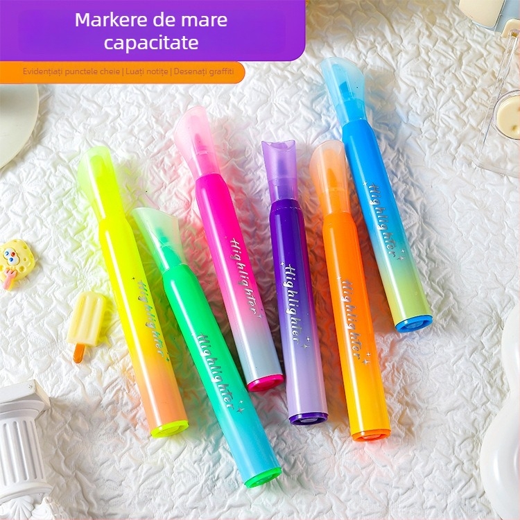 Highlighter în formă de ruj, cu capacitate mare, marker școlar pe bază de apă, design gradient, set de 6 bucăți