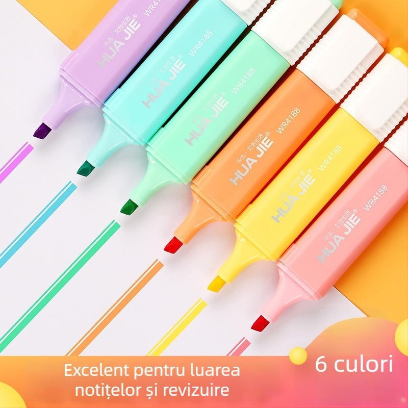 Set de 6 markere de evidențiere pentru birou și studiu, vârf oblic, în nuanțe pastel macaron